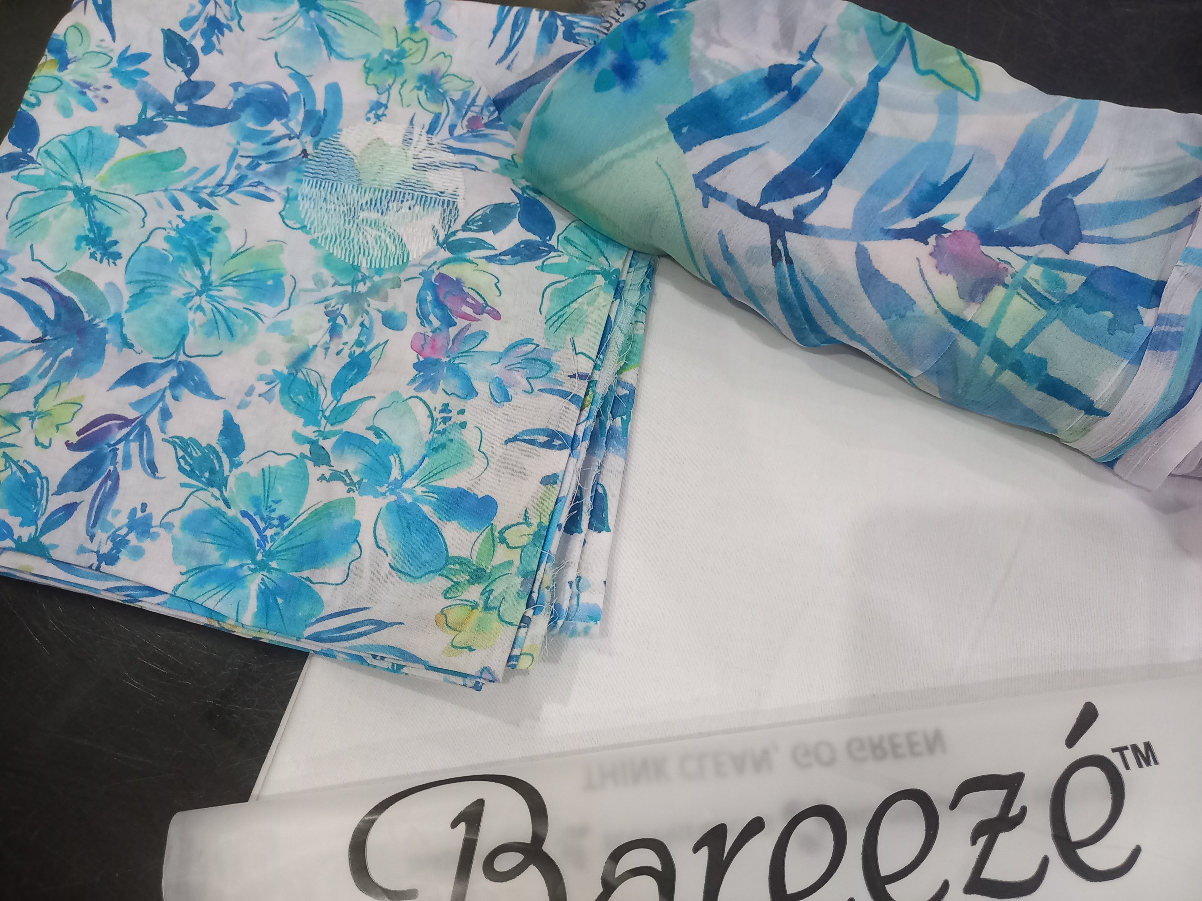 3PC -Bareeze Lawn Unstitched allover printed/embriodred shirt with pure shaffon dupatta